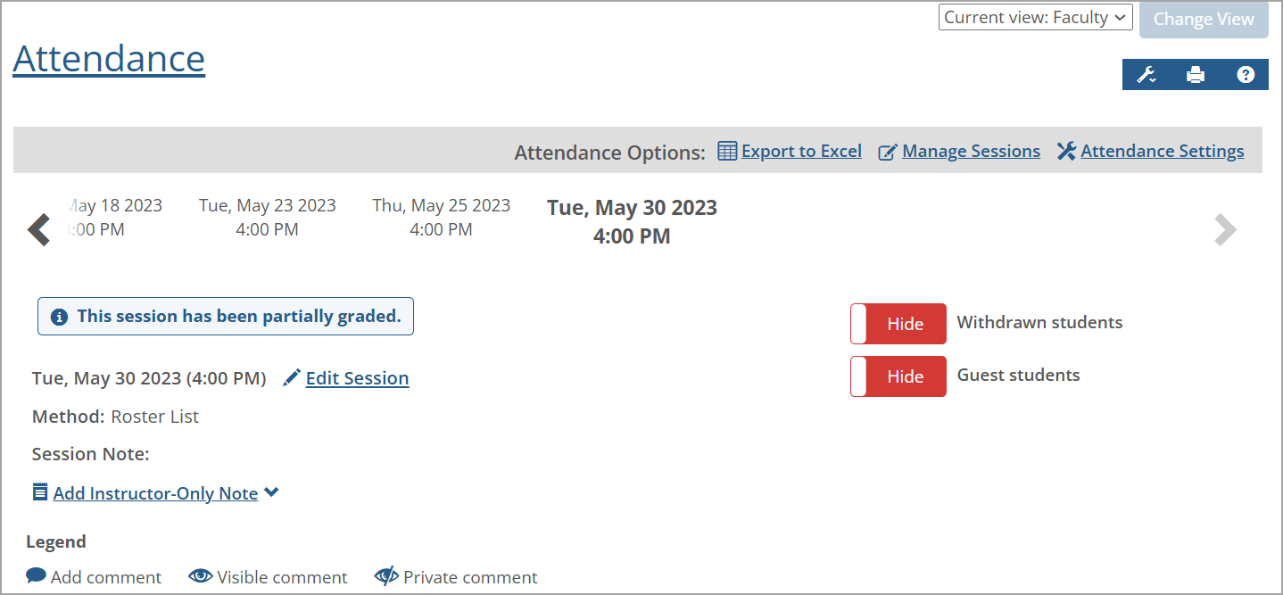 Attendance session showing an example of a partially graded message and icon.