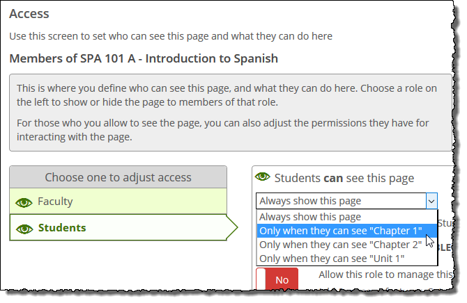 Drop-down list of options for Students can see this page