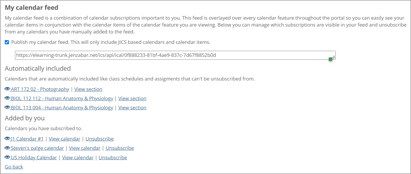 My Calendar feed showing calendars in Automatically included section.