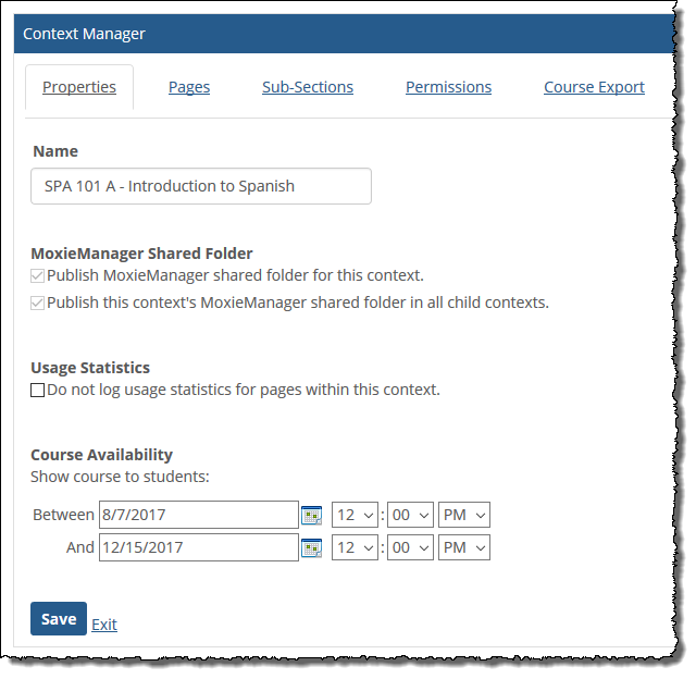 Course Availability​​ settings showing dates and times.