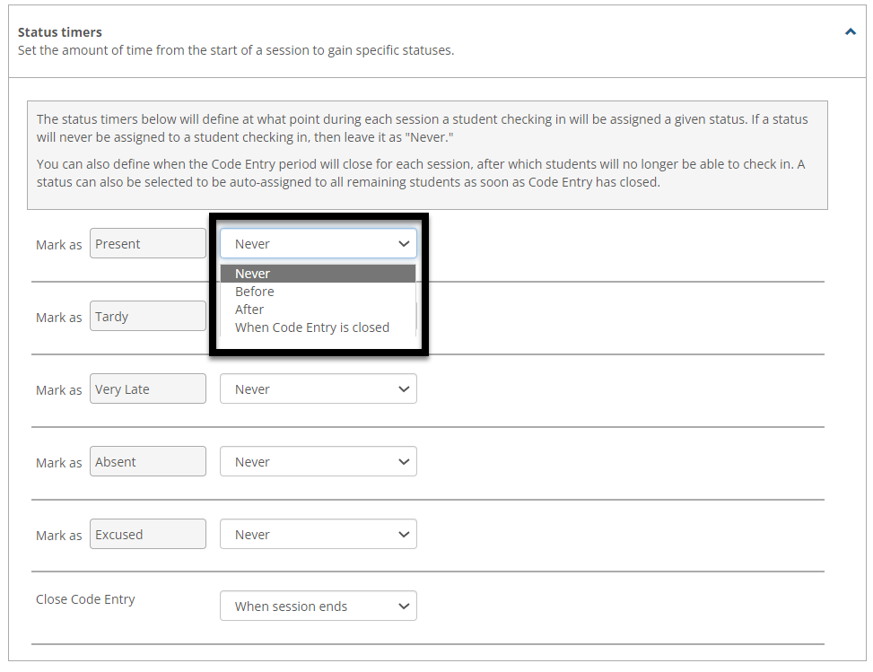 Expanded Status timers section shows status and timer options.
