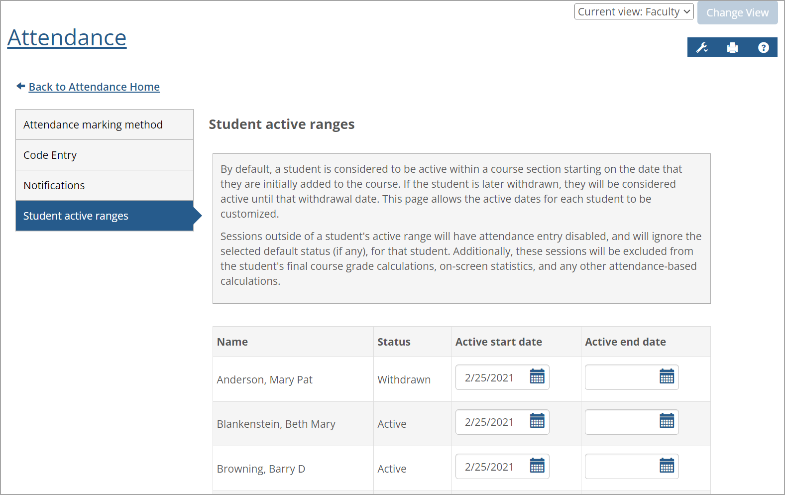 Student active ranges page