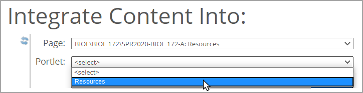 Integrate Content Into area showing Portlet drop-down list.