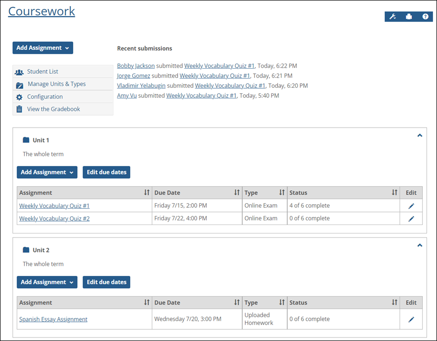 Faculty default view of Coursework