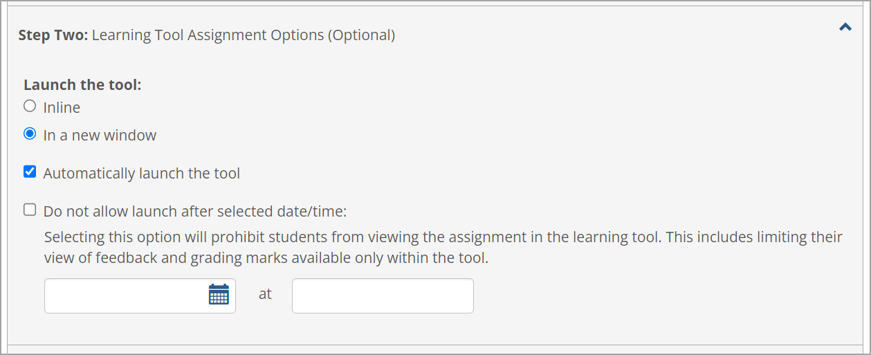 Step Two - Learning Tool Assignment Options (Optional) section