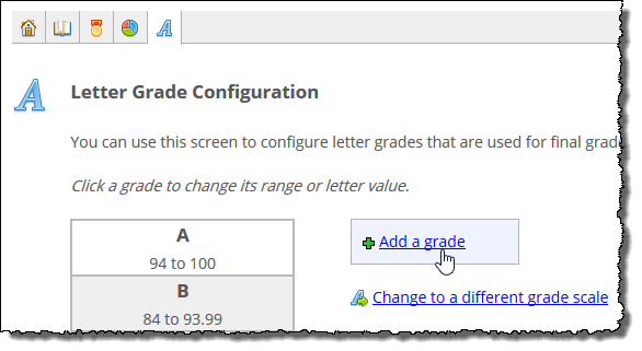 Letter Grade Configuration screen showing the Add a grade scale link.