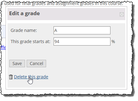 Edit a grade pop-up window shows Delete this grade link.