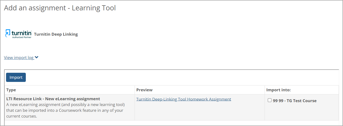 Add an assignment - Learning Tool​ screen showing completed Deep-linking assignment.