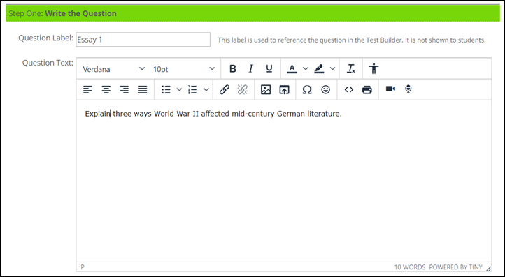 Text editor screen for test questions