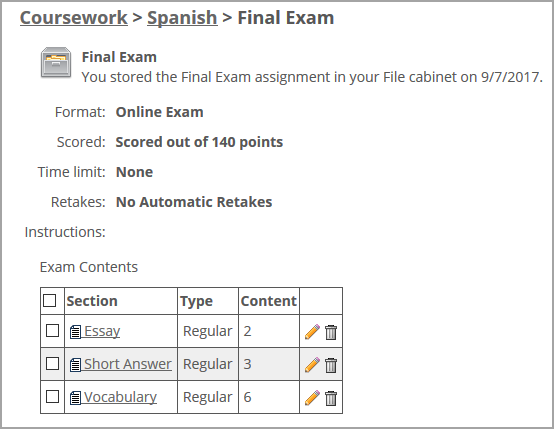 Click the name of the assignment to display a list of sections.