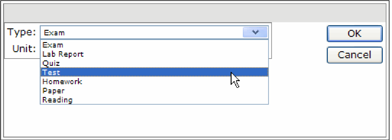 Pop-up window with Type and Unit fields