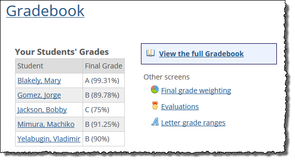 Gradebook home screen shows students' grades.