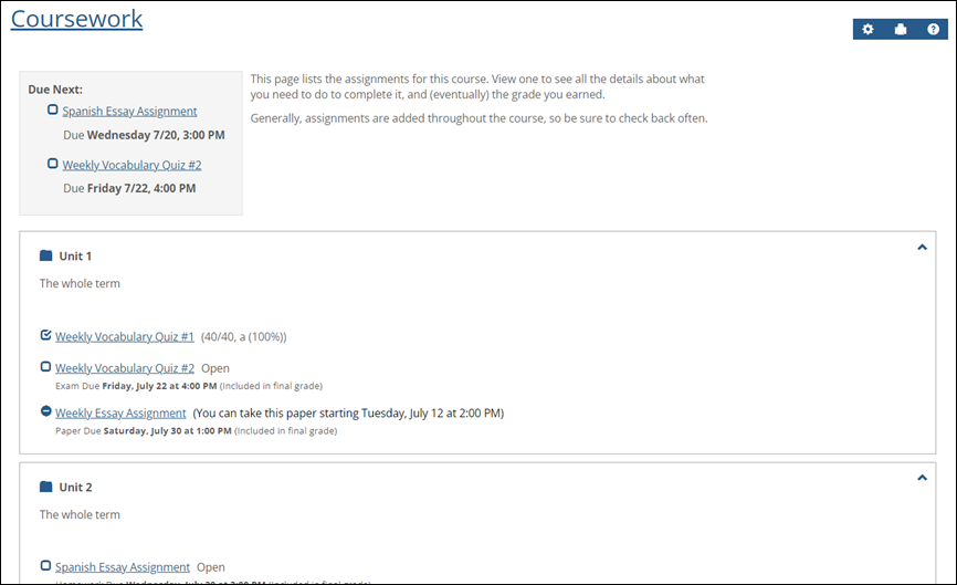 Coursework feature in students view.