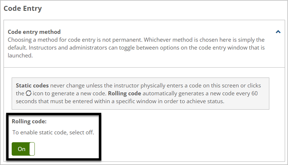 Code entry method section showing Rolling Code turned "On"