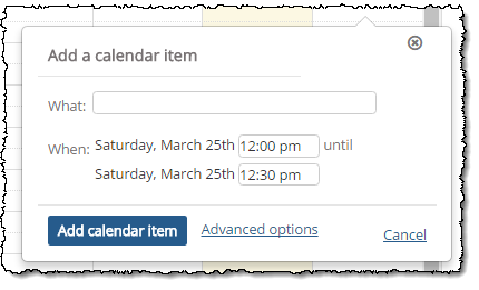 Add a calendar item pop-up window shows default 30-minute timeframe.