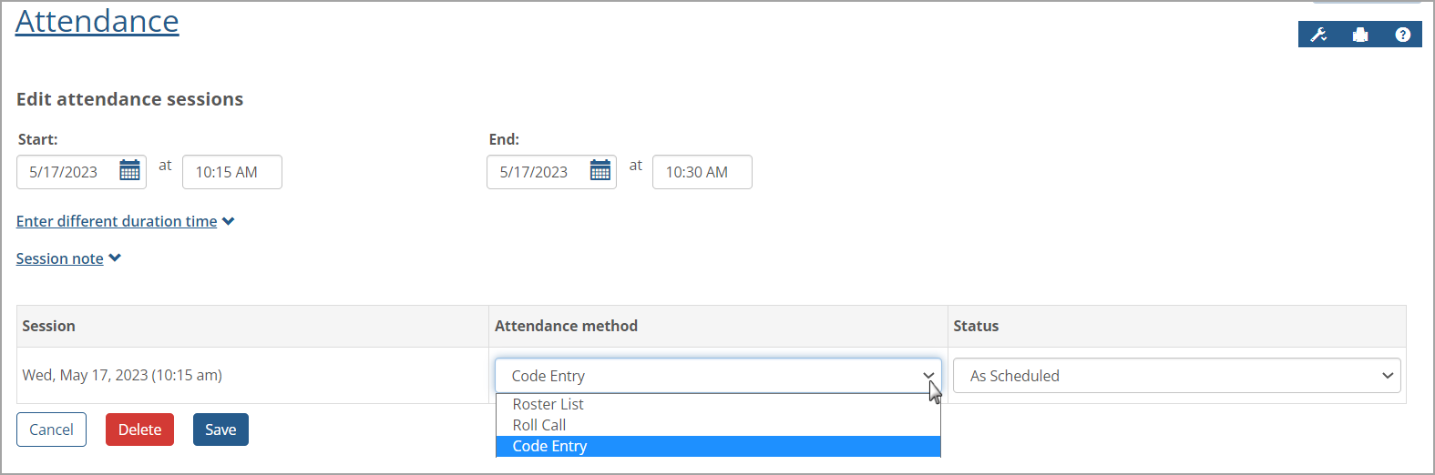 Changing the Attendance method on Edit attendance sessions screen.