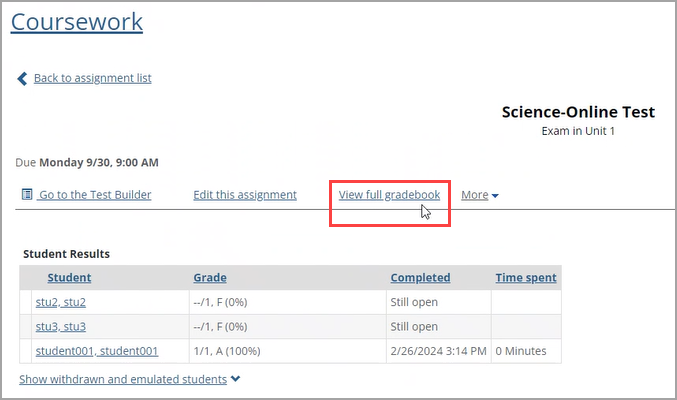 Coursework screen showing View full gradebook link.