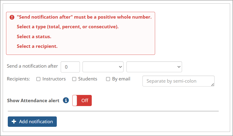 Messages in red font indicate incorrect or missing data.