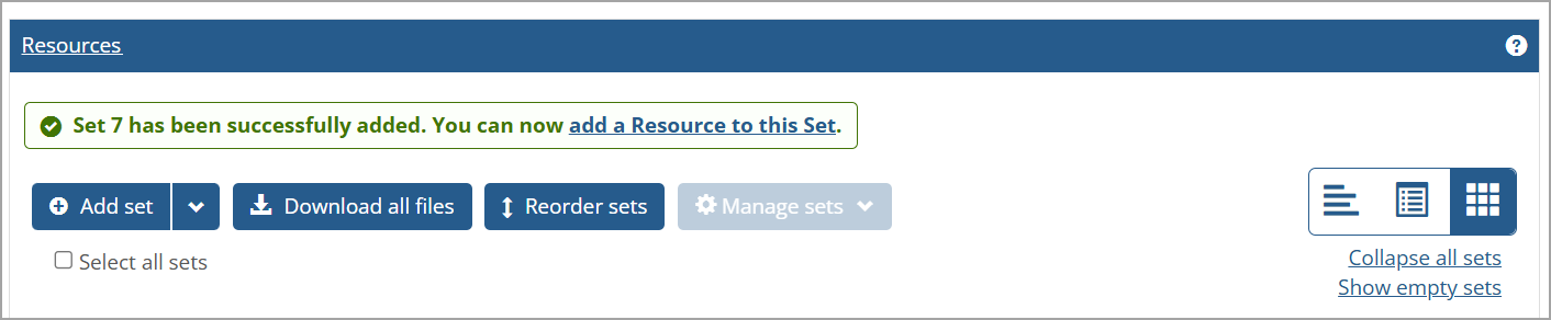 Green success message after adding a new set has an"add a Resource to this Set" link to add a new resource to the new set.