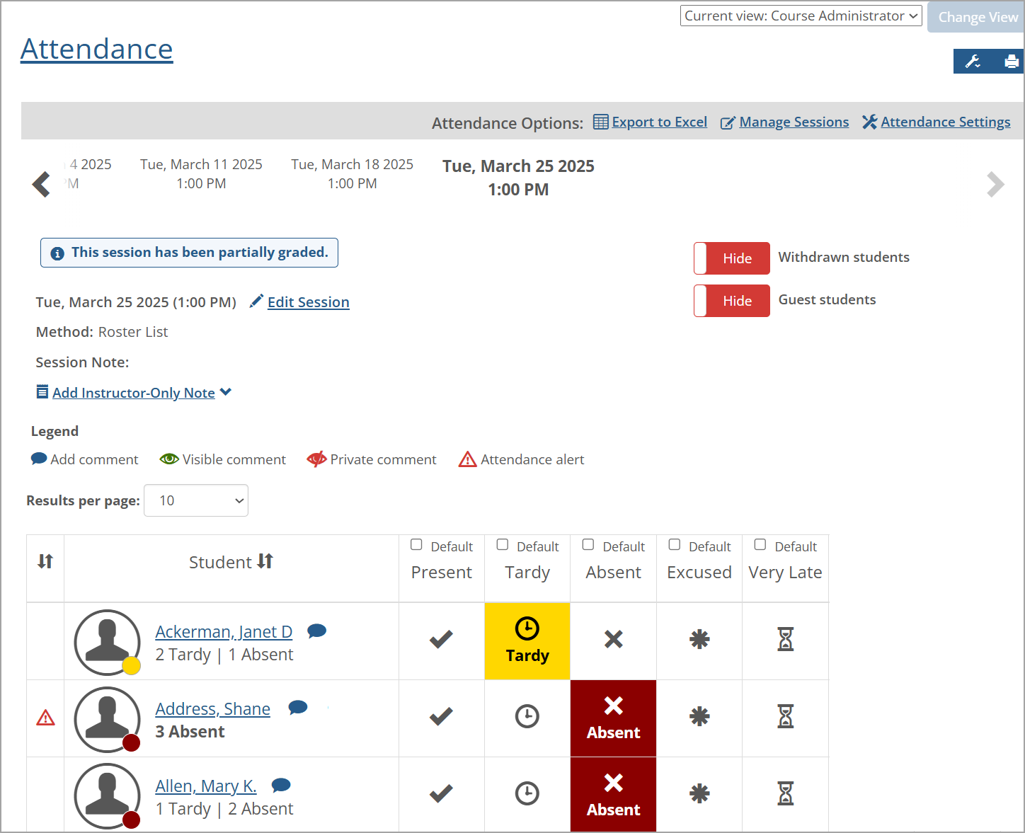 Attendance alert shown in left column and Legend on main Attendance screen.