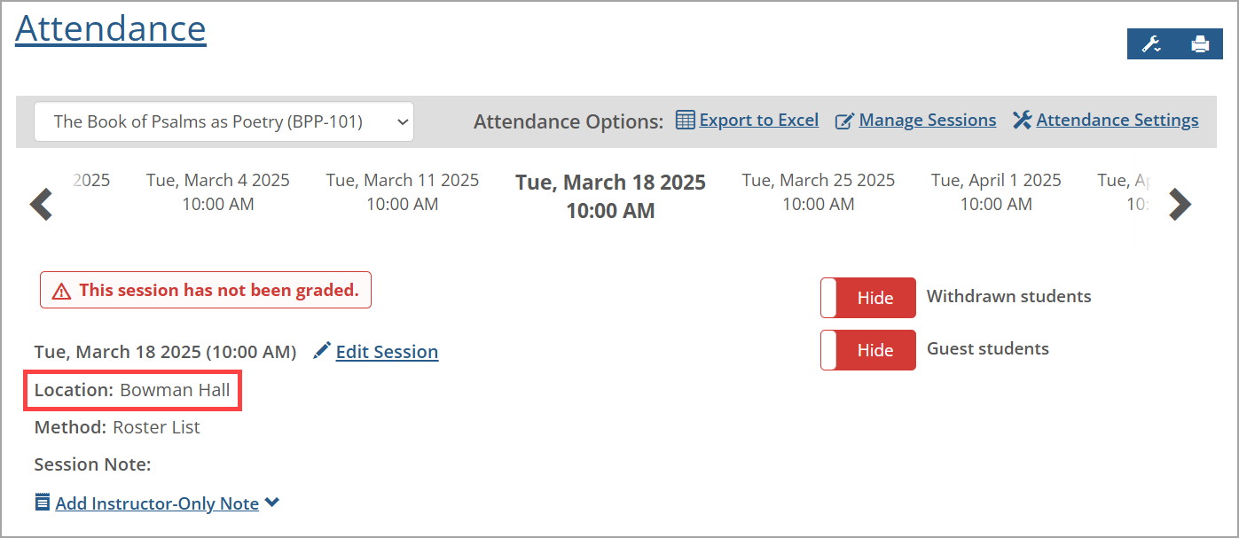 Selected session's location shown on main Attendance screen.