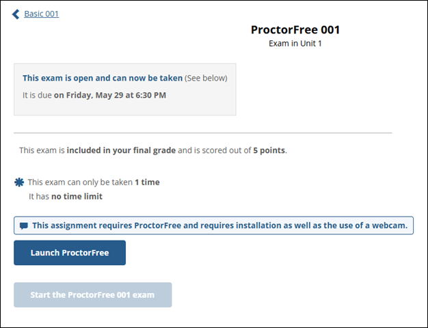Assignment Details screen shows Launch ProctorFree button enabled.