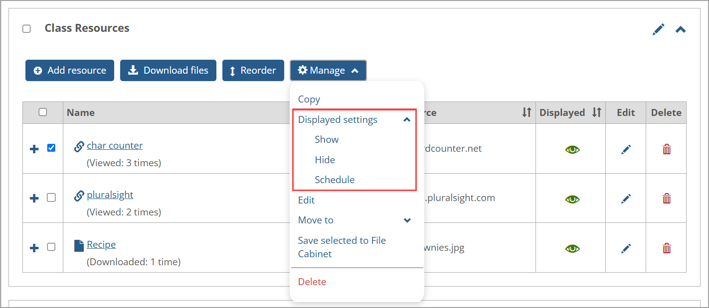 Displayed settings drop-down list options