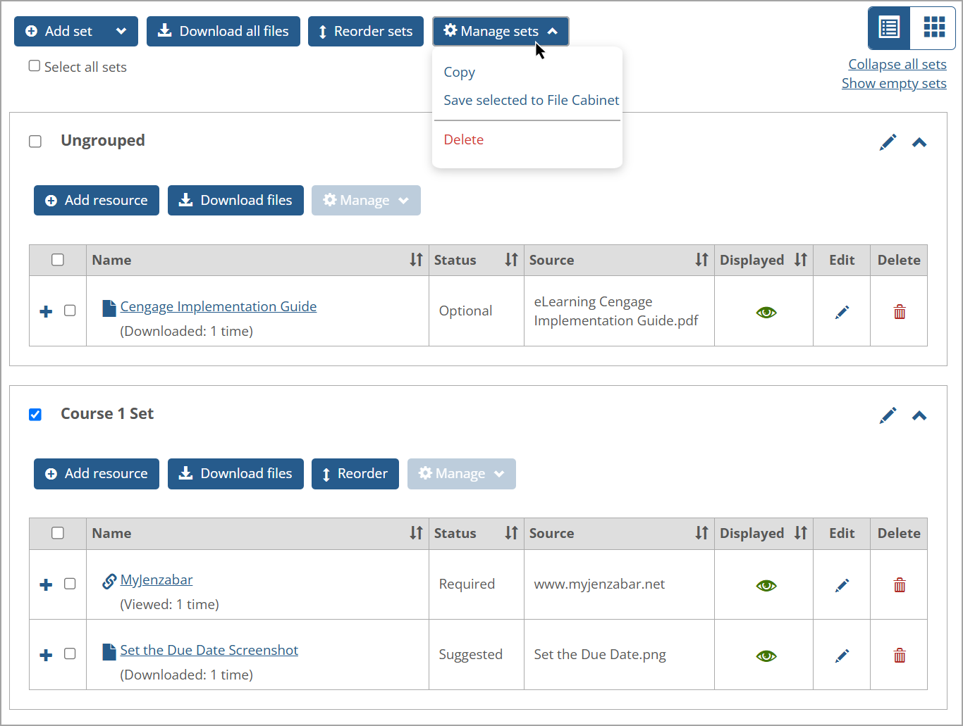 Clicking Manage sets button displays Copy, Save selected to File Cabinet, and Delete options.