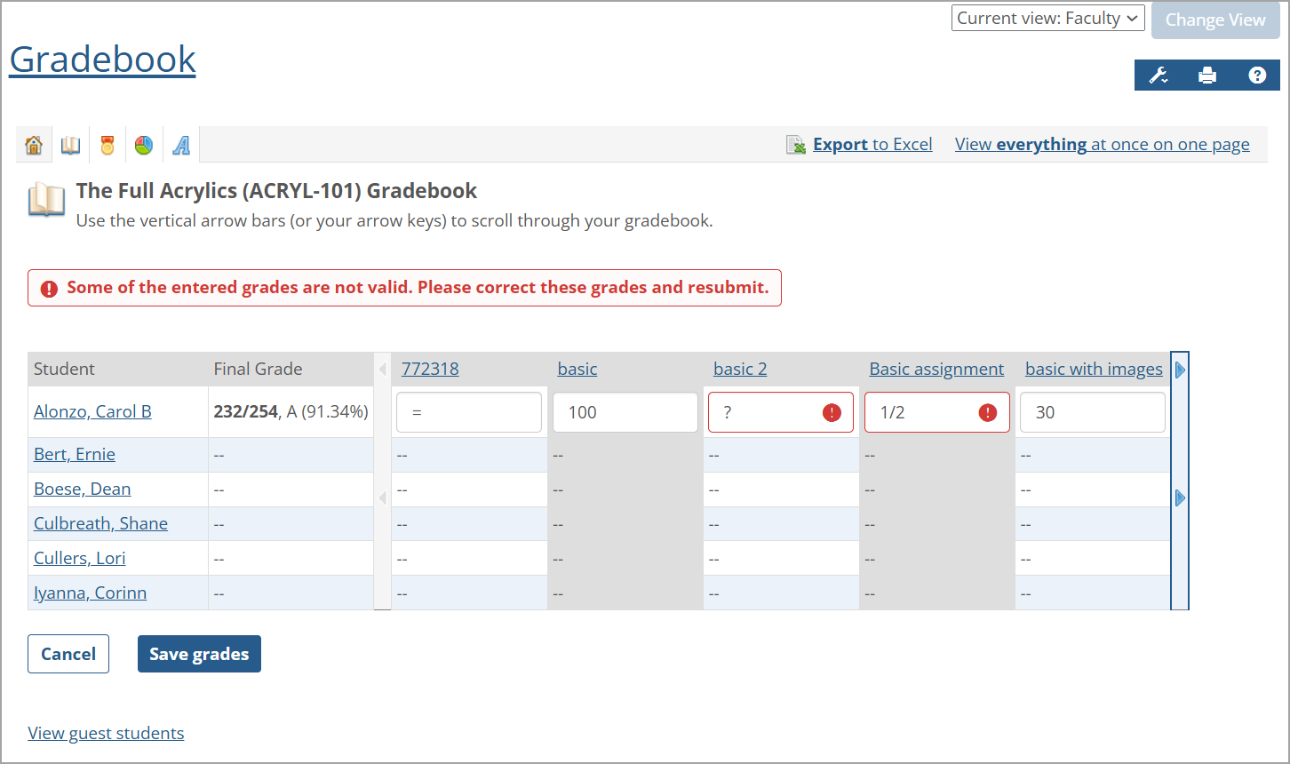 Invalid grades trigger an error message and a red border around the grades' cells.