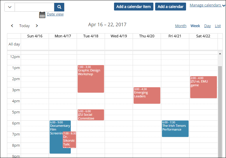 My Calendar feed items are shaded red.