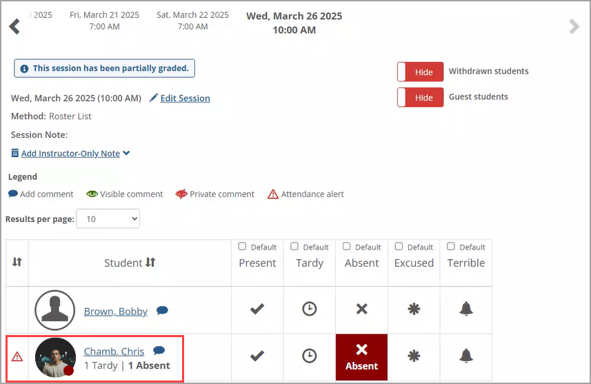 Attendance statuses and counts are shown below student names on the main Attendance screen.