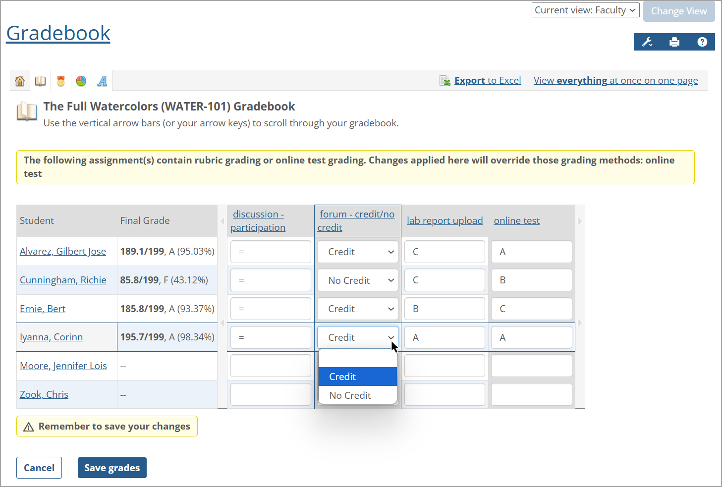 The Credit/No Credit drop-down list is shown on Full Gradebook screen in Edit mode.