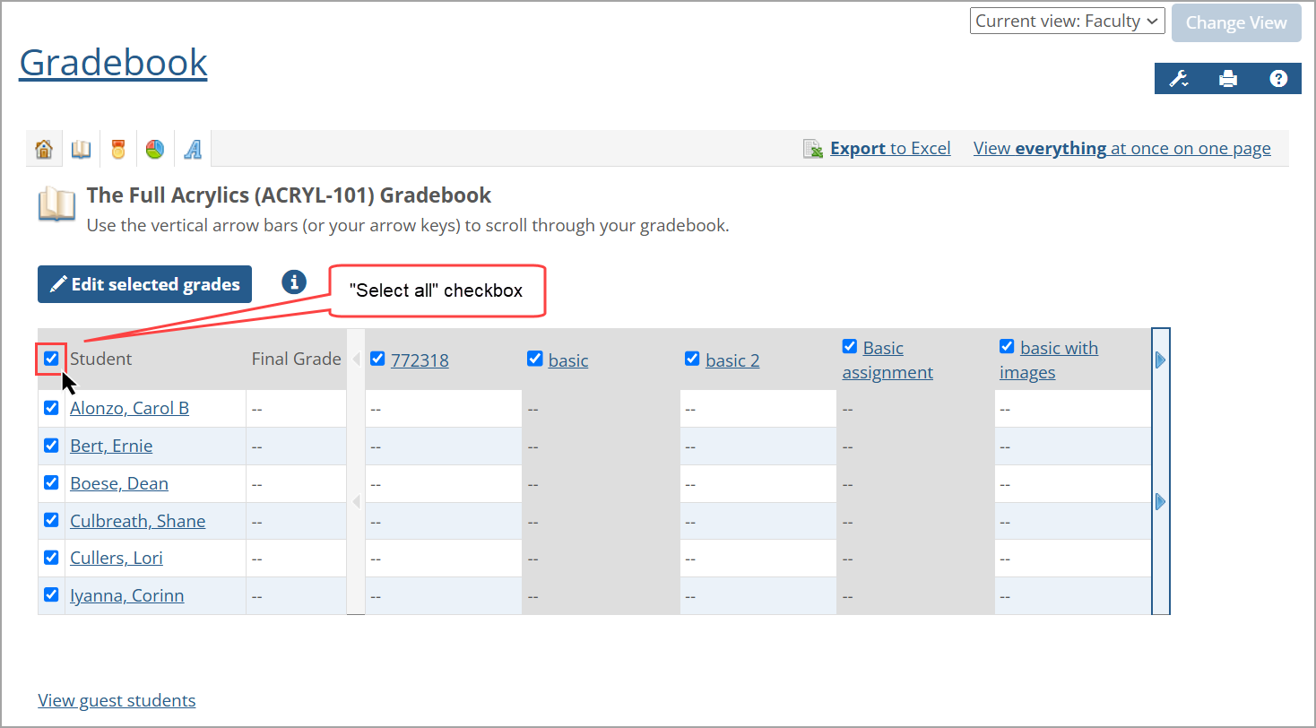 "Select all" checkbox is shown at the top left of the table for fewer than 400 students and assignments total.