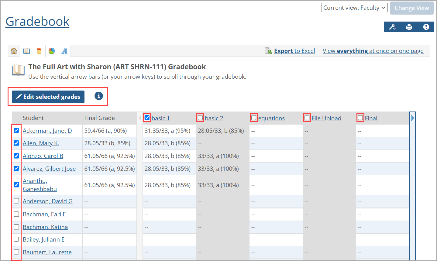 Full Gradebook screen showing the new Edit selected grades button, the "i" icon, and checkboxes for students and assignments.