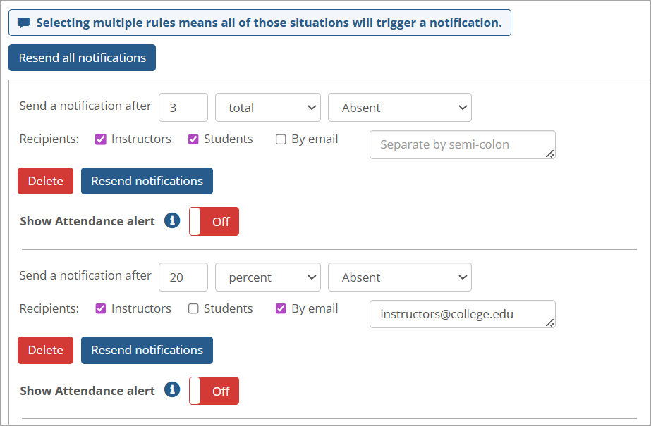 Resend notifications buttons for attendance notifications