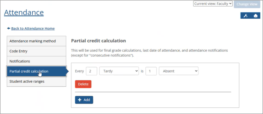 Partial credit calculation screen in Attendance Settings
