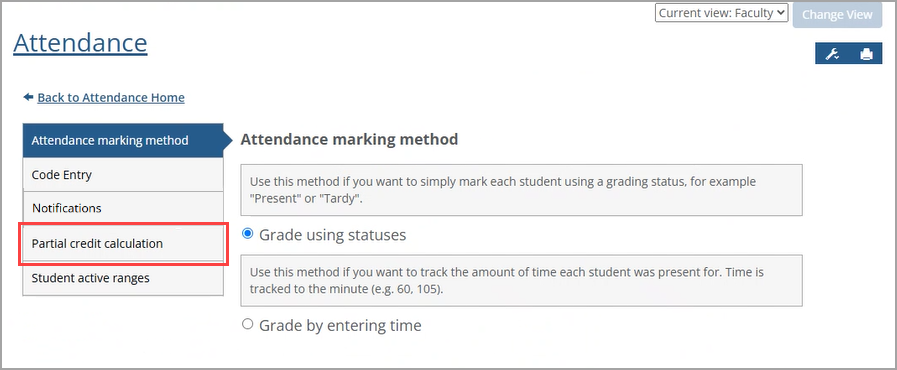 Attendance Settings screen showing Partial credit calculation option on left sidebar.