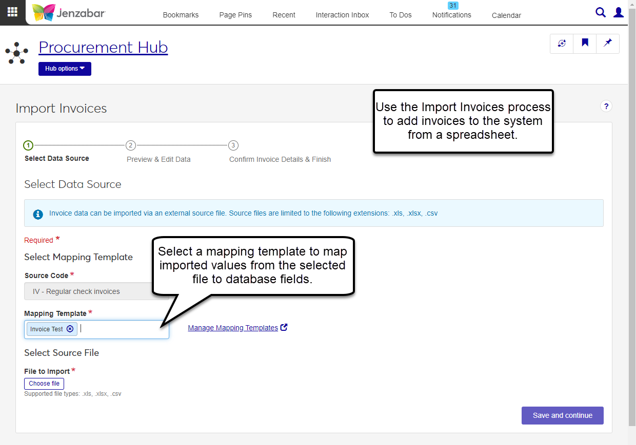 Import Invoices page on the first step to select the data source.