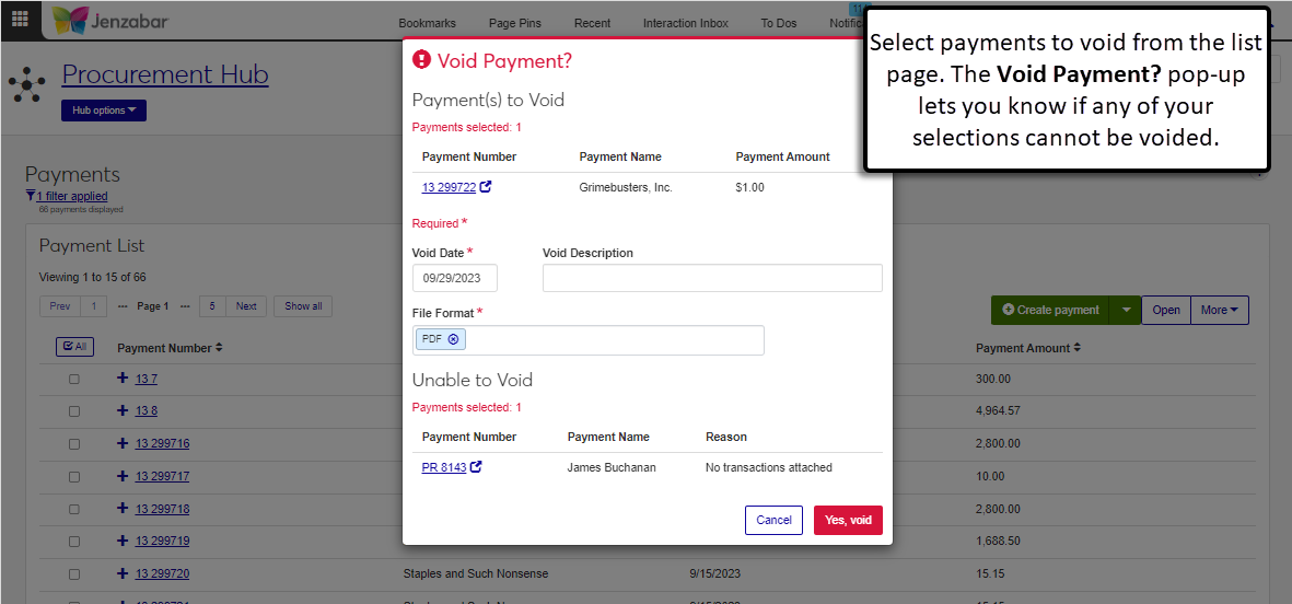 Void Payment pop-up from the Payment List page.
