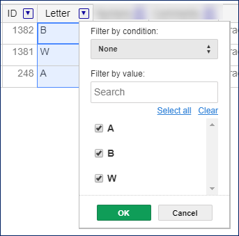 Grade Entry page showing a column filtered by values