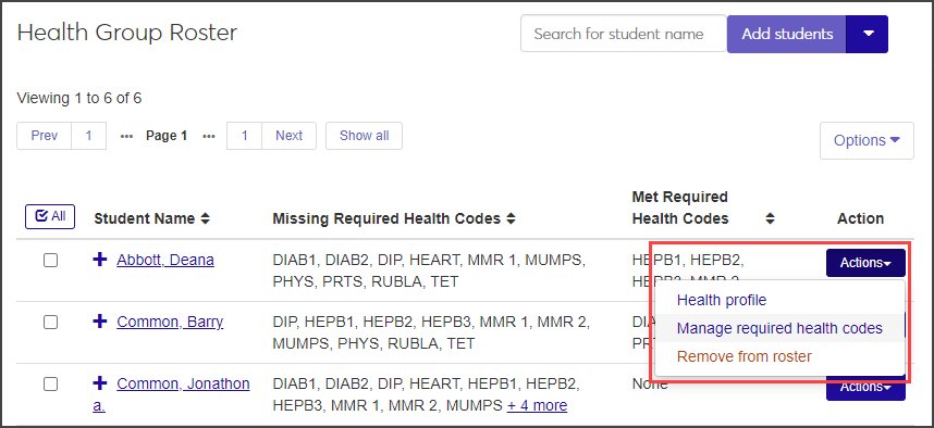 Health Group Roster - Actions button highlighted