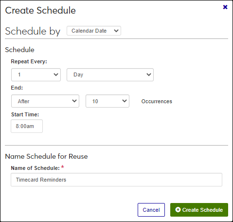 Create Schedule pop-up with options to schedule by a calendar date.