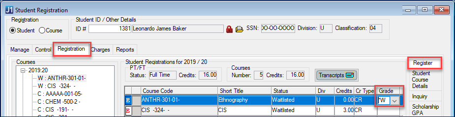 Student Registration window, Registration tab, Register subtab in J1 Desktop showing a grade of *W for a student