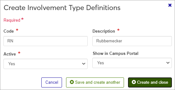 Create Involvement Type Definitions window