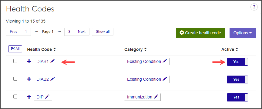 Health Code list with edit icon and Active button highlighted