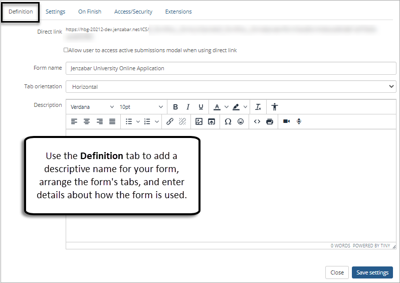Form Definition tab with fields to enter the form name and description.
