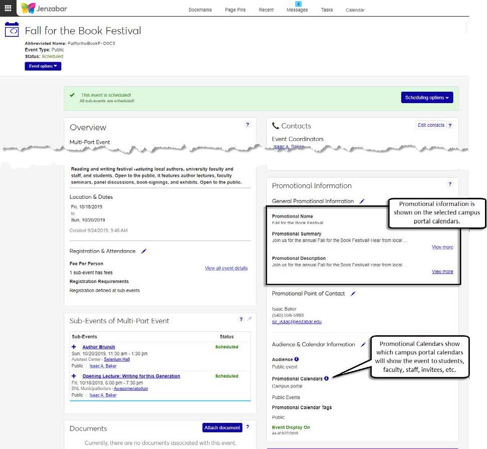 Event page with the Promotional Information block highlighted with fields that display in campus portal calendars.