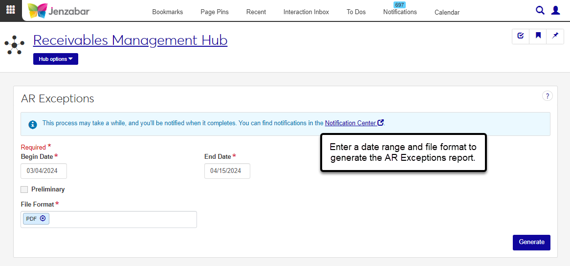 AR Exceptions report page.