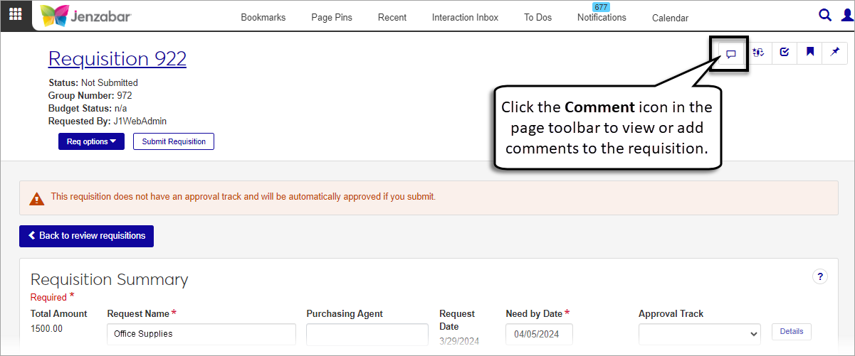 The Comment icon in the page toolbar at top right of the Requisition Details page.