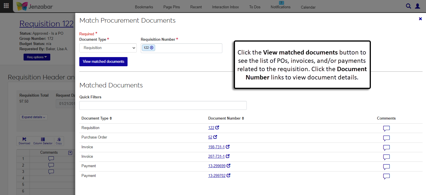 Match Procurement Documents pop-up with related POs, invoices, and payments for the selected requisition.